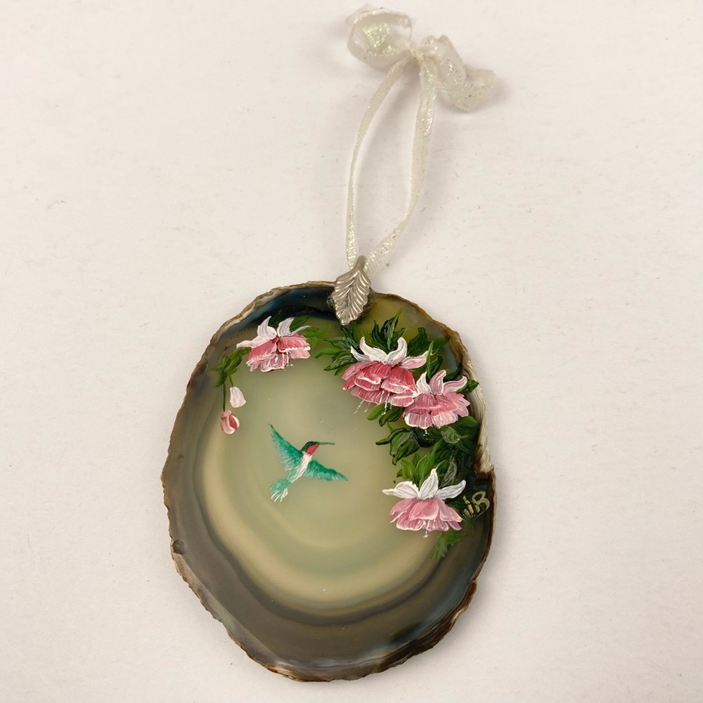 Hand Painted Agate Slice Ornament Hummingbird Flowers 3x2 In Hanging Art